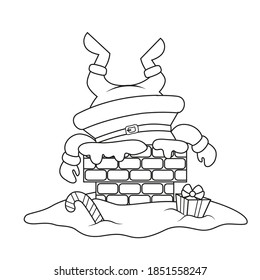 Santa Claus stuck in the chimney. Merry Christmas and Happy New Year. Black and white illustration for coloring book