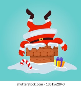 Santa Claus stuck in the chimney. Merry Christmas and Happy New Year