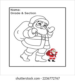 Santa Claus stuck in the chimney. Merry Christmas and Happy New Year. Black and white illustration for coloring book