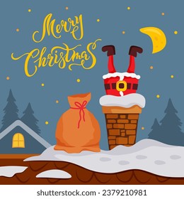 Santa Claus stuck in the chimney. Merry Christmas handwritten lettering. Vector illustration.