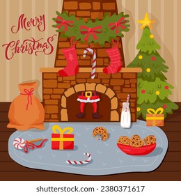 Santa Claus stuck in the chimney. Merry Christmas handwritten lettering. Vector illustration.