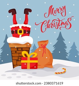 Santa Claus stuck in the chimney. Merry Christmas handwritten lettering. Vector illustration.