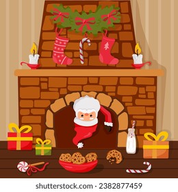 Santa Claus stuck in the chimney. Merry Christmas and Happy New Year card. Vector illustration.