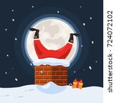 Santa Claus stuck in the chimney on the background of the full moon. The concept of Merry Christmas. Vector illustration in cartoon style