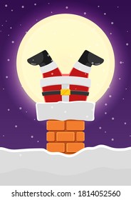 Santa Claus stuck in the chimney on the snowy roof. Merry Christmas greeting card background.