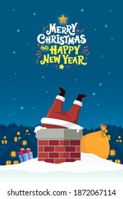 Santa Claus Stuck in the Chimney On Snow Roof. Merry Christmas Cartoon Vector Illustration.
