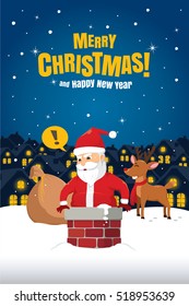 Santa Claus Stuck In The Chimney On Snow Roof. Christmas Cartoon Vector Illustration.