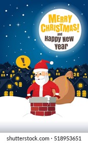 Santa Claus Stuck In The Chimney On Snow Roof with Moon. Christmas Cartoon Vector Illustration.