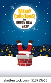 Santa Claus Stuck In The Chimney On Snow Roof with Moon. Christmas Cartoon Vector Illustration.