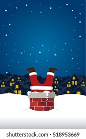 Santa Claus Stuck In The Chimney On Snow Roof with text space. Christmas Cartoon Vector Illustration.