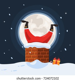 Santa Claus stuck in the chimney on the background of the full moon. The concept of Merry Christmas. Vector illustration in cartoon style