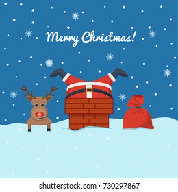 Santa Claus stuck in the chimney on the roof. A deer and a bag with gifts. Legs protrude from the pipe. Christmas, New Year. Design for a postcard, banner, invitation. Vector illustration.