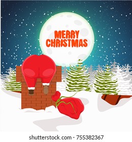 Santa Claus is stuck in the chimney on the roof of house. A fir snow-covered forest, a starry night sky, a full moon with the inscription of a happy Christmas, snowfall. Vector illustration