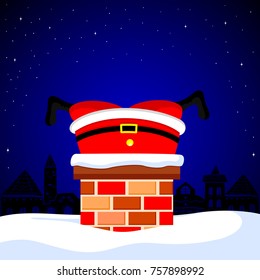 Santa Claus stuck in the chimney on snow roof.  Cute cartoon character, Merry Christmas and Happy New Year. Illustration.