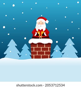 Santa Claus stuck in the Chimney with present. Greeting card with funny Santa Claus. Merry Christmas and Happy New Year. Vector illustration.