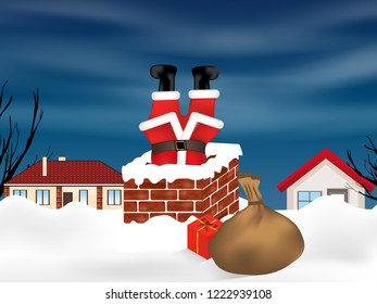 Santa Claus stuck in the chimney upside down and sack full of gifts. Winter snowy landscape. Christmas background. Vector illustration.