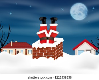 Santa Claus stuck in the chimney upside down. Winter snowy landscape. Christmas background. Vector illustration.