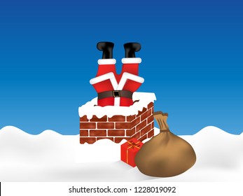 Santa Claus stuck in the chimney upside down and sack full of gifts. Christmas background. Vector illustration.