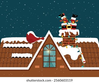 Santa Claus stuck in the Chimney-Christmas lights and snowflakes-Flat design