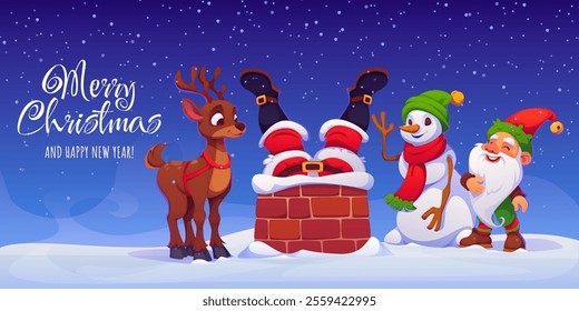 Santa Claus stuck in a Christmas chimney, surrounded by a cheerful reindeer, playful snowman and festive elf friends. Cartoon vector greeting card exudes Xmas spirit, magic, holiday fun and humor