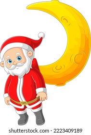 The Santa claus is stuck at moon while delivering gifts to children of illustration