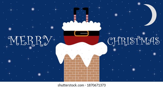 Santa Claus is stuck on the roof in the chimney. Merry Christmas illustration. Festive background with moon and shining stars. Vector illustration.