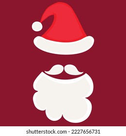 Santa Claus style vector art. Santa hat with beard and mustache on red background. Christmas symbol. Merry Christmas