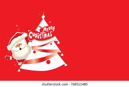 Santa Claus and stylized white Christmas tree with text Merry Christmas and red decoration.Empty place for your text.Vector illustration for holiday greeting.
