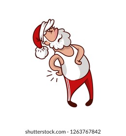 Santa Claus suffering from pain in back. Sports injury. Old man with white beard. Cartoon vector design