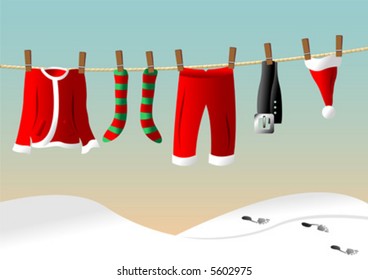 Santa Claus suit hanged on a clothes line