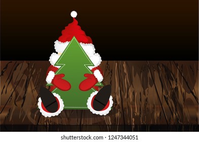 Santa Claus in a suit holding a Christmas tree. Vector on wooden background