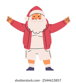 Santa Claus in summer attire joyful theme. Santa wearing shorts and a red jacket arms wide open on a white background