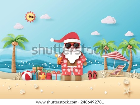 Santa Claus in summer beach setting with ocean, umbrella, and palm trees, enjoying warm vacation.
