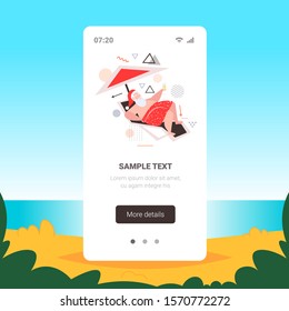 santa claus sunbathing bearded man lying on sun lounger drinking cocktail christmas new year vacation concept seascape background smartphone screen online mobile app vector illustration