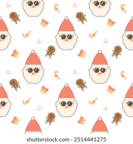 Santa Claus and sunglasses cartoon so cute. On gingerbread cookies candy cane bell knot white background. Merry Christmas.  Pattern seamless vector illustration. 
