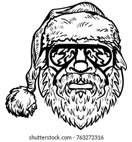 Santa Claus in sunglasses, Christmas symbol hand drawn vector illustration sketch isolated on a white background