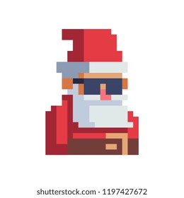 Santa Claus with sunglasses, pixel art character. Avatar, portrait, profile picture. Happy New Year. Flat style. Game assets. 8-bit. Isolated vector illustration.  Design for logo, sticker, app.