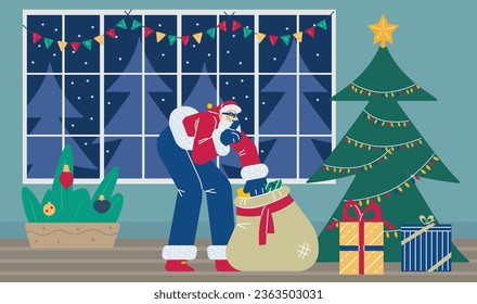 Santa Claus in sunglasses sneaking with gift sack, flat vector illustration. Funny Christmas character. Secret Santa concept. Winter holiday celebration. Room with decorated tree.