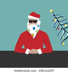 santa claus with sunglasses and xmas tree, fashion stement.