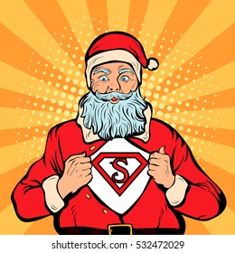 Santa Claus super hero, pop art retro vector illustration. Christmas background