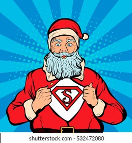 Santa Claus super hero, pop art retro vector illustration. Christmas background