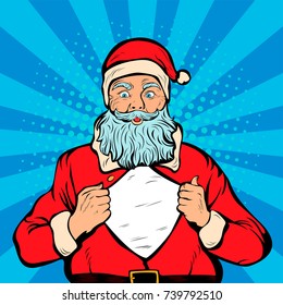 Santa Claus super hero. Pop art retro vector illustration. Christmas background. Santa Claus in red costume with open coat and place for logo or text.