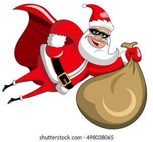 Santa Claus superhero flying with sack full of xmas gifts isolated