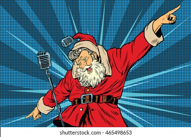 Santa Claus superstar singer on stage, pop art retro vector illustration. Holidays New year and Christmas. Concerts and parties