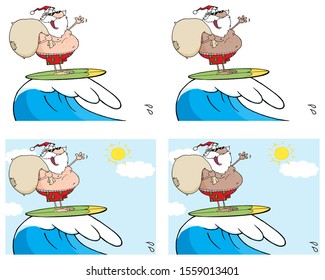 Santa Claus Surfing With Bag Over Waves. Vector Collection Set
