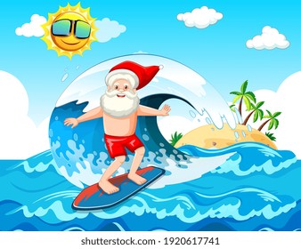 Santa Claus Surfing At The Beach For Summer Christmas Illustration