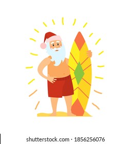 Santa Claus and surfing board, Christmas character on summer rest. Vector Saint Nicholas surfer in tropical country, man in hat and beard, vector