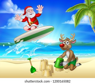 Santa Claus surfing on his surfboard with his reindeer on a tropical beach with palm trees and parrot Christmas cartoon sign background.