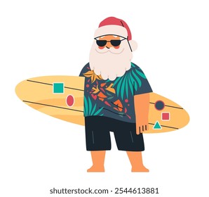 Santa Claus surfing tropical tema feriado camisa colorida óculos de sol prancha de surfe praia divertido design