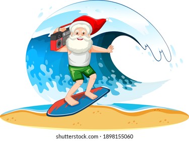 Santa Claus surfing with wave in summer theme on white background illustration